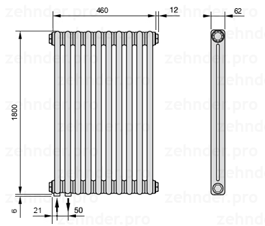 Схема (чертеж) Радиатор Zehnder Charleston 2180/10 №3370 Белый глянцевый RAL 9016